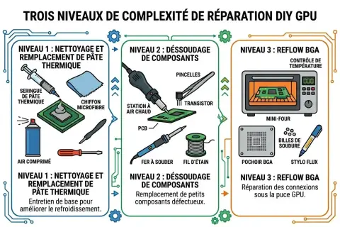 Schéma illustrant trois niveaux de réparation de GPU : nettoyage pâte thermique, dessoudage composants, et reflow BGA. Une partie d'un ordinateur portable est montrée.