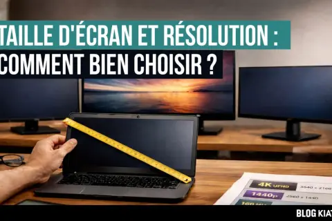 Mesure d'un écran d'ordinateur portable avec un mètre ruban. Guide pour comment choisir un écran d'ordinateur, avec des résolutions affichées.