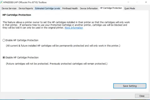Fenêtre pour désactiver la protection des cartouches HP. L'option "Disable HP Cartridge Protection" est sélectionnée.