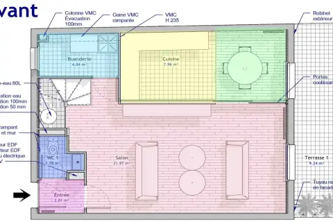 Plan bureau administratif : vue avant d'un appartement avec buanderie, cuisine, salon, WC, entrée et terrasse.