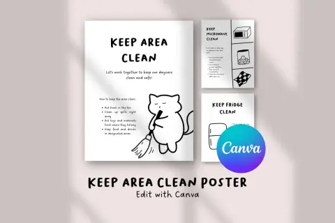 Affiche "KEEP AREA CLEAN" avec un chat dessinant tenant un balai. Rappel pour une salle de pause propre et sécuritaire.