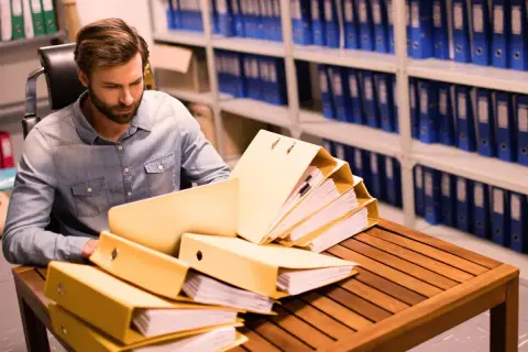 Un homme examine des dossiers jaunes sur une table en bois, entouré d'étagères remplies de classeurs bleus. Il est en train de numérisation de documents.