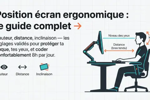 Guide pour la hauteur écran pc, distance et inclinaison. Illustration d'une personne assise à un bureau, avec des flèches indiquant les réglages ergonomiques.