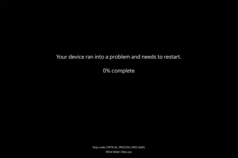 Écran trop sombre : "Your device ran into a problem and needs to restart. 0% complete." Erreur système.