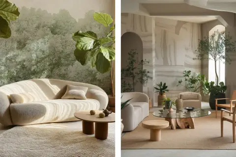 Ambiance biophilie def. Salons douillets avec canapés arrondis, tapis moelleux et abondance de plantes vertes, évoquant la nature.