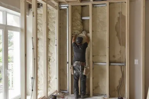 Un ouvrier installe l'isolant dans une structure de mur en bois, créant une salle insonorisée.