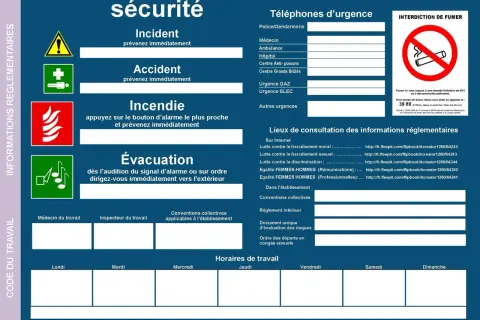 Tableau d'affichages obligatoires entreprise : sécurité, urgences, interdiction de fumer, informations réglementaires et horaires de travail.