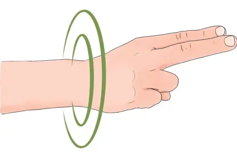 Illustration d'un bras effectuant un étirement poignet, avec des cercles verts indiquant le mouvement.