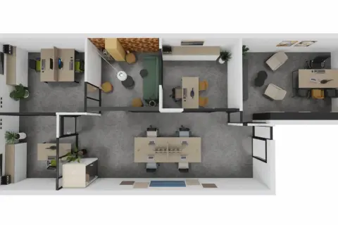 Plan d'espace d'un bureau moderne avec postes de travail, salle de réunion et espace détente.