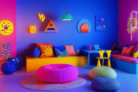 Un espace vibrant où le rose et le bleu électrique se rencontrent, invitant à la couleur de la créativité. Poufs, coussins et néons créent une ambiance ludique.