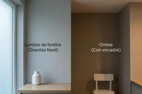 Un coin de pièce baigné de lumière douce, contrastant avec une zone d'ombre. L'ambiance est dominée par des couleurs neutres chaudes, évoquant le calme.