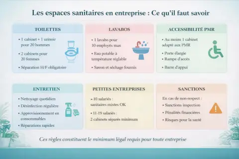 Infographie sur les règles du pause toilette code du travail : nombre de cabinets, lavabos, entretien, PMR, sanctions.