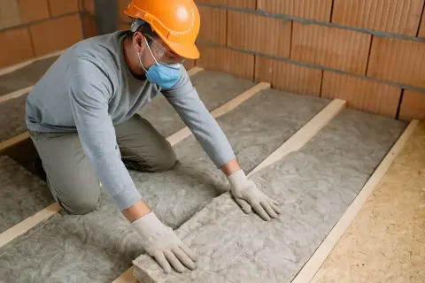 Un ouvrier installe un revêtement de sol isolant thermique, protégeant ainsi la maison du froid.
