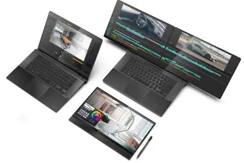 Trois ordinateurs portables affichent des logiciels de création : modélisation 3D, montage vidéo et design. Ils montrent comment utiliser un pc portable comme écran pour un flux de travail créatif étendu.