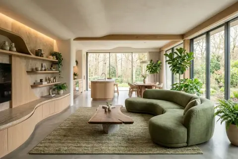Salon aux formes organiques, inspiré par le biomimétisme. Canapé vert sinueux, table basse en bois brut, cuisine ouverte et vue sur la nature.