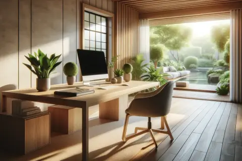Un bureau zen au travail, baigné de lumière naturelle, avec vue sur un jardin luxuriant et un bassin d'eau.