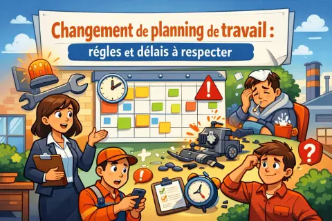 Illustration sur le changement de planning de travail, avec des règles et des délais à respecter. Un employé malade, un autre perplexe.