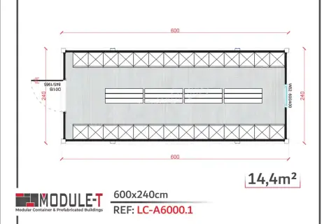 Plan vestiaire 600x240cm, 14,4m². Vue de dessus d'un module préfabriqué avec des rangées de bancs.
