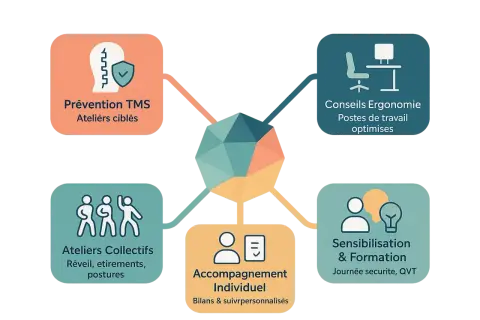 Schéma des services pour un poste de travail ergonomique dans l'industrie : prévention TMS, conseils ergonomie, ateliers collectifs, accompagnement individuel, sensibilisation & formation.