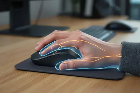 Main souris tenue par une main, avec des lignes lumineuses bleues et oranges simulant les nerfs ou les flux d'énergie.