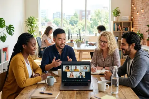 Une équipe diverse participe à une réunion en présentiel, avec des collègues connectés en visioconférence sur un écran d'ordinateur.