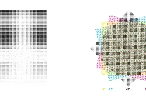 Motifs de points noirs dégradés et étoiles colorées montrant des angles d'impression pour la taille papier imprimante.