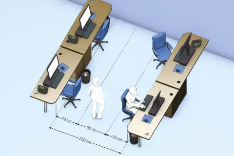 Aménagement de postes de travail respectant le code du travail : distances de 70cm, 90cm et 230cm entre les espaces.