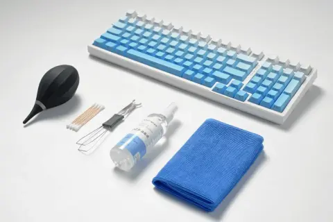 Kit pour nettoyer clavier ordinateur : soufflette, coton-tiges, extracteur de touches, spray nettoyant et chiffon microfibre.