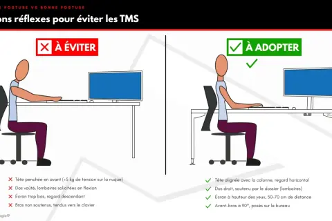 Mauvaise posture avec dos voûté et tête penchée, à éviter. Bonne posture avec dos droit et tête alignée, à adopter.