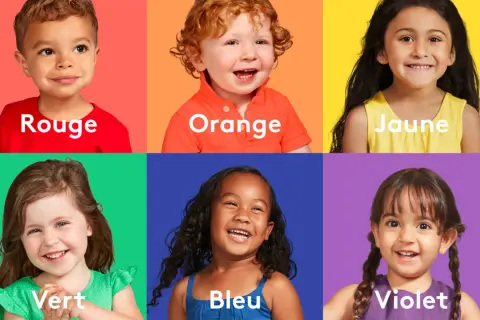Six enfants souriants, chacun sur un fond de couleur vive. Le rouge, l'orange, le jaune, le vert, le bleu et le violet sont des couleurs favorisant l'apprentissage.