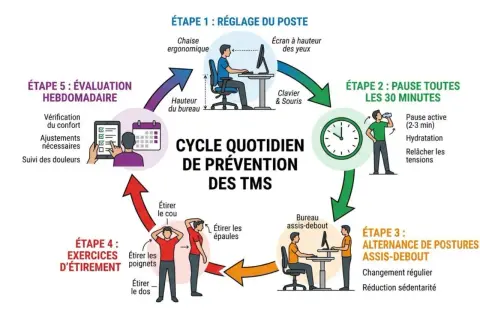 Cycle de prévention des TMS : réglage du poste, pauses, alternance assis-debout, étirements et évaluation pour une ergonomie mobile optimale.