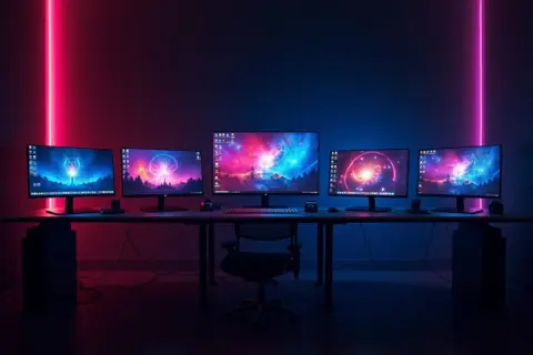 Bureau avec cinq écrans affichant des fonds d'écran cosmiques, éclairé par des néons roses et bleus. Idéal pour bien régler son écran gamer.