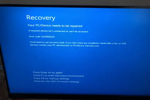 Sur son ecran pc, un message d'erreur "Recovery" indique que le PC a besoin d'être réparé, avec le code 0xc0000225.