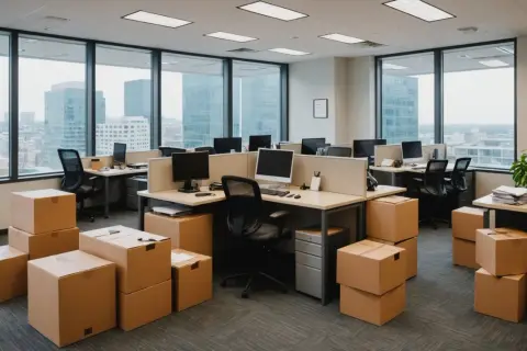 Bureau vide, cartons empilés, prêt pour un déménagement. Les postes de travail sont déserts, la vue sur la ville promet un nouveau départ.