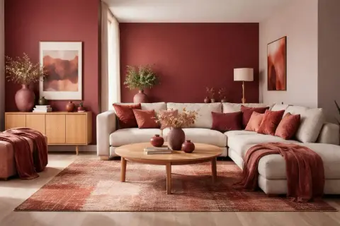 Salon chaleureux aux murs rouge brique, rappelant la teinte marsala pantone. Canapé clair, coussins et tapis dans des tons terreux.