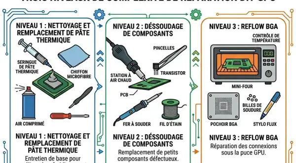 Schéma illustrant trois niveaux de réparation de GPU : nettoyage pâte thermique, dessoudage composants, et reflow BGA. Une partie d'un ordinateur portable est montrée.