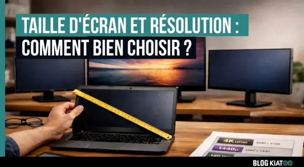 Mesure d'un écran d'ordinateur portable avec un mètre ruban. Guide pour comment choisir un écran d'ordinateur, avec des résolutions affichées.