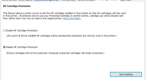 Fenêtre pour désactiver la protection des cartouches HP. L'option "Disable HP Cartridge Protection" est sélectionnée.