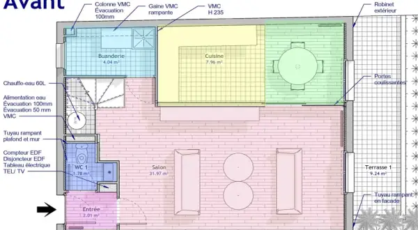 Plan bureau administratif : vue avant d'un appartement avec buanderie, cuisine, salon, WC, entrée et terrasse.