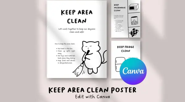 Affiche "KEEP AREA CLEAN" avec un chat dessinant tenant un balai. Rappel pour une salle de pause propre et sécuritaire.