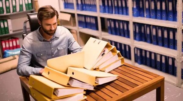 Un homme examine des dossiers jaunes sur une table en bois, entouré d'étagères remplies de classeurs bleus. Il est en train de numérisation de documents.