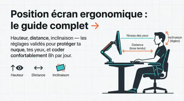 Guide pour la hauteur écran pc, distance et inclinaison. Illustration d'une personne assise à un bureau, avec des flèches indiquant les réglages ergonomiques.