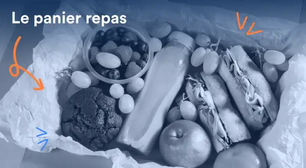 Un panier repas pour un repas d'entreprise obligatoire : sandwichs, fruits, cookie et boisson.