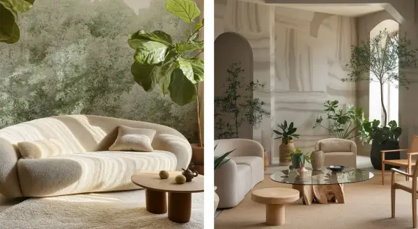 Ambiance biophilie def. Salons douillets avec canapés arrondis, tapis moelleux et abondance de plantes vertes, évoquant la nature.