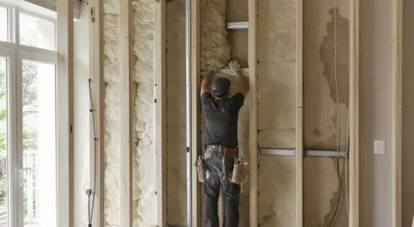 Un ouvrier installe l'isolant dans une structure de mur en bois, créant une salle insonorisée.