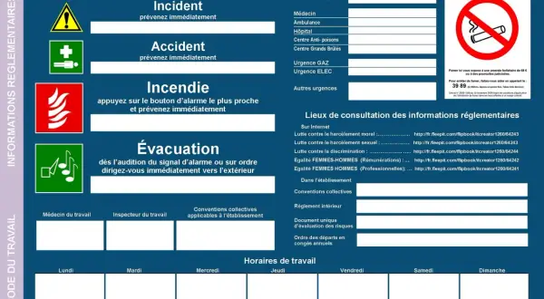 Tableau d'affichages obligatoires entreprise : sécurité, urgences, interdiction de fumer, informations réglementaires et horaires de travail.