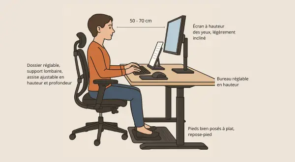 Exemple d'aménagement de poste de travail ergonomique : écran à hauteur des yeux, bureau réglable, chaise avec support lombaire, repose-pieds.
