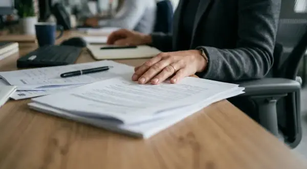 Main tenant sur des documents, une femme attend une réponse. Mon employeur refuse mon aménagement de poste, une situation stressante.