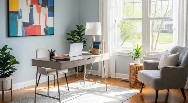 Bureau lumineux avec un ordinateur portable, des plantes et une œuvre d'art colorée. Idéal pour ranger son bureau et travailler dans une ambiance sereine.