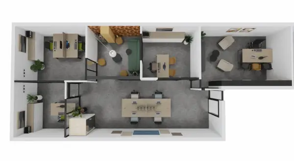Plan d'espace d'un bureau moderne avec postes de travail, salle de réunion et espace détente.